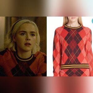 Rag & Bone Red ar­gyle sweater worn by Sab­ri­na Spellman